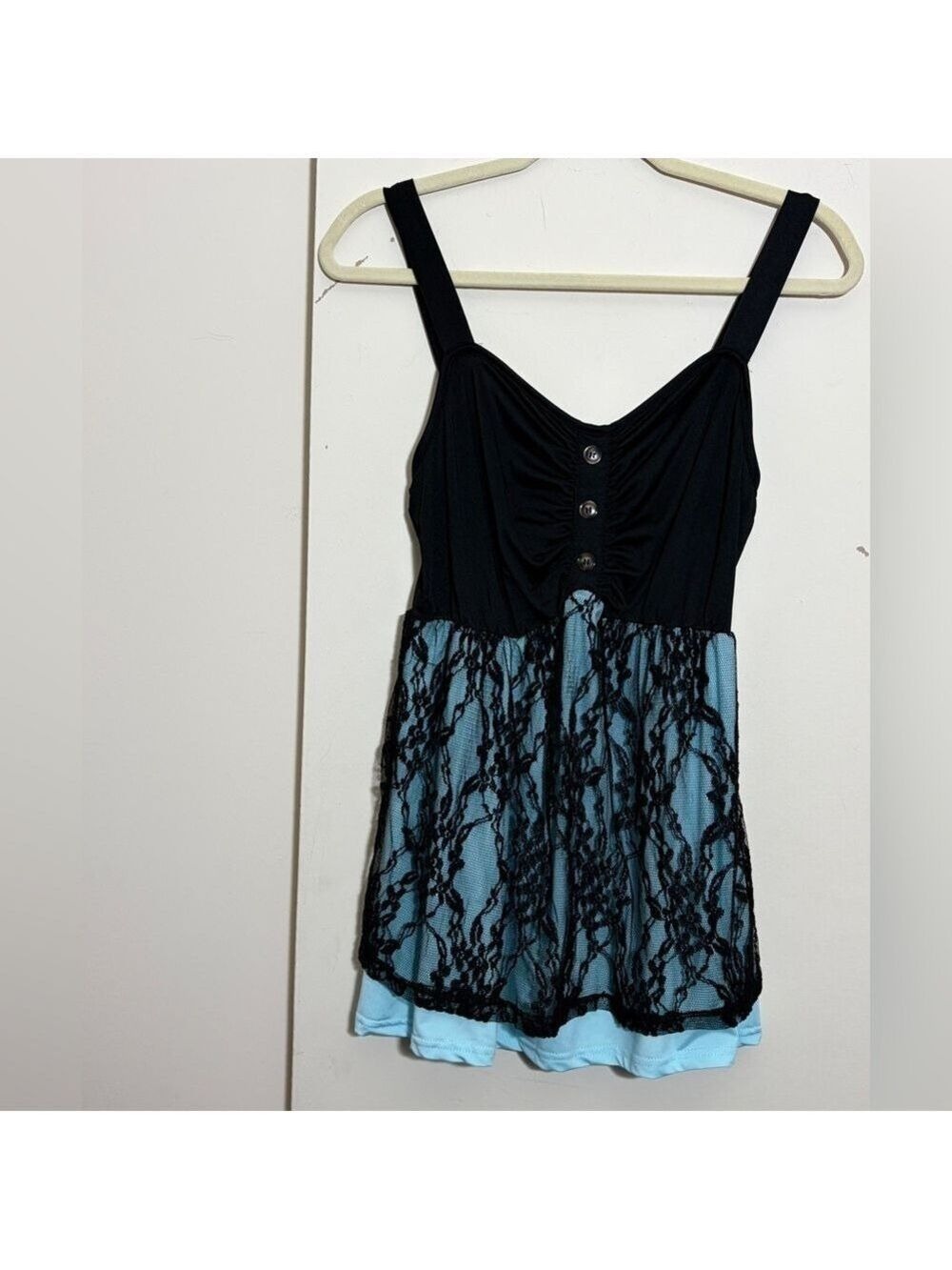 Vtg Style Y2K Babydoll Tunic Top Teal Blue w/ Black Lace Overlay & Button Size S